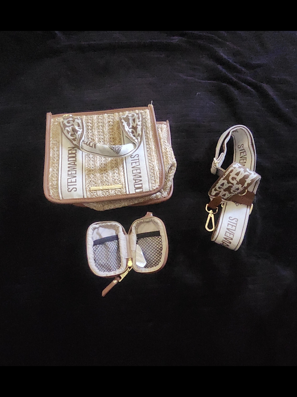 Steve Madden Tan & Cream Straw Crossbody Set